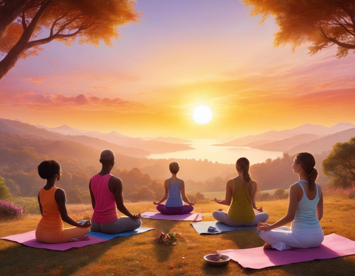 A serene landscape featuring diverse individuals engaging in healthy lifestyle activities, such as yoga, cooking nutritious meals, and meditating, intertwined with symbolic representations of early cancer diagnosis like ribbons and medical tools. The backdrop is a hopeful sunrise, symbolizing new beginnings and empowerment. The colors are warm and inviting, showcasing harmony and positivity. vibrant colors. super-realistic. peaceful atmosphere.