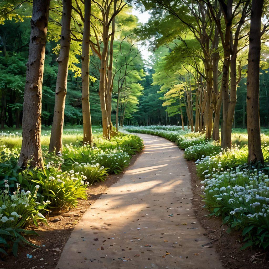 A serene path winding through a lush green forest, symbolizing the journey of cancer awareness and survivorship. Along the path, diverse individuals are gathered, sharing stories and supporting one another, with symbolic ribbons representing various cancers gently fluttering in the breeze. A warm, golden light filters through the trees, illuminating the scene with hope and community spirit. Include elements of blooming flowers and uplifting quotes in colorful typography. vibrant colors. soft-focus. impressionistic.