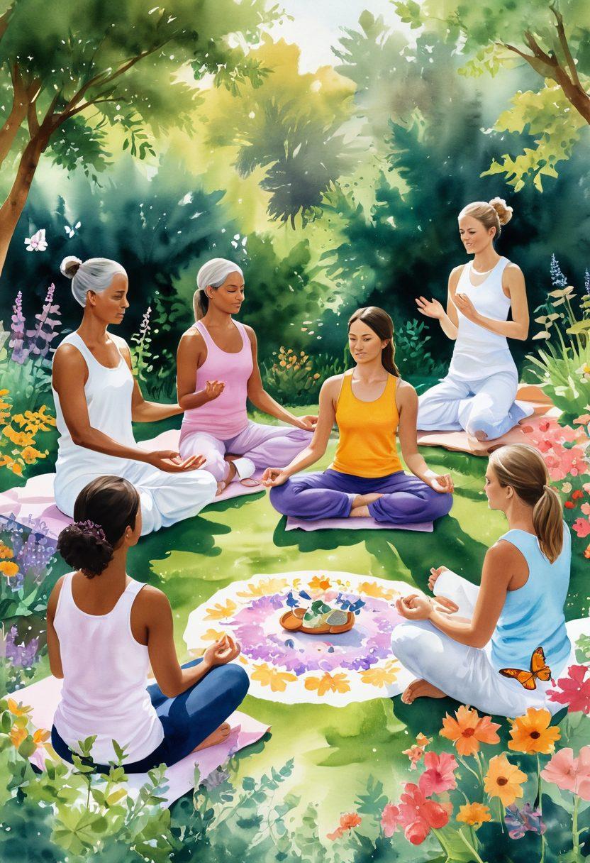 A serene scene depicting a diverse group of people engaged in holistic wellness activities, such as meditation, yoga, and healthy cooking in a vibrant garden setting. Incorporate symbolic elements of transformation like butterflies and blooming flowers, with a warm, inviting color palette that conveys hope and renewal. The atmosphere should reflect unity and positivity in oncology support. watercolor illustration. vibrant colors. soft focus.